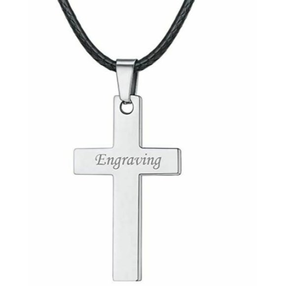 Stainless Steel Silver Cross Pendant Necklace Black Wax Leather C… - Picture 3 of 6